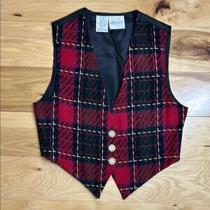 Bentley Vintage Red Plaid Vest with Pearl Gold Buttons | Size Small